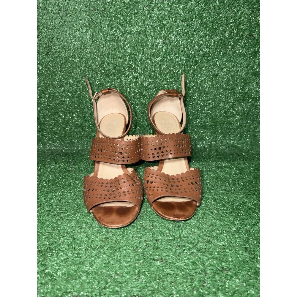 Tory Burch Sandals Women Size 7 Brown Strappy Leather Wedge Platform Heel Luxury